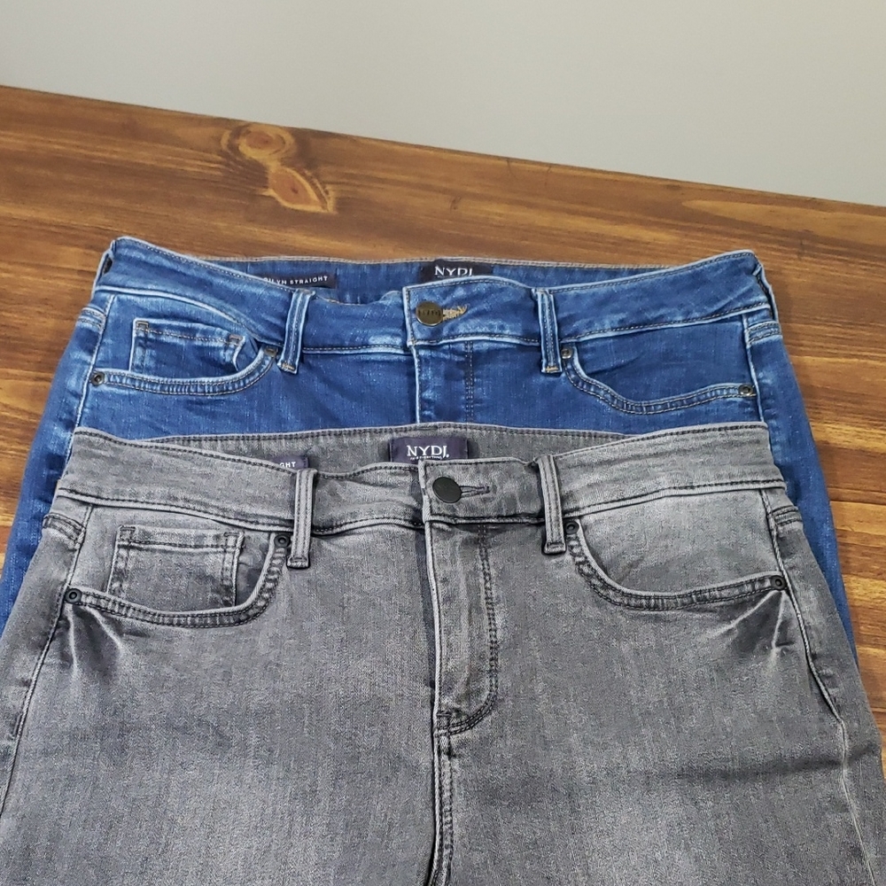 Lot Of 2 NYDJ Women's Marilyn Straight Denim Jeans 1 Blue and 1 Gray Size 10